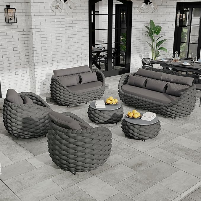 Erotr Patio Conversation Deck Furniture Sets: 6-Piece Aluminum Woven Rope Outdoor Sofa Set - Modern Cushions Couch Set - No Assembly Metal Porch Seating for Deck Yard Garden Hotel Resort, Dark Grey