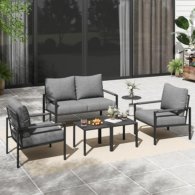 PATIOCHIC 5 Pieces Rattan Outdoor Furniture Set, All-Weather Patio Conversation Set with Dark Grey Cushions and Coffee Tables for Garden, Backyard, Balcony, Poolside