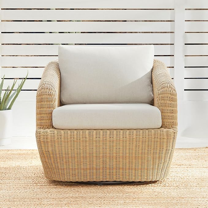 CHITA Patio Wicker 360° Swivel Chair with Removable Cushion, Backyard Rattan Chair for Sunrooms, Patios, Decks, Fully Assembled(Beige Cushions with Light Brown Wicker)
