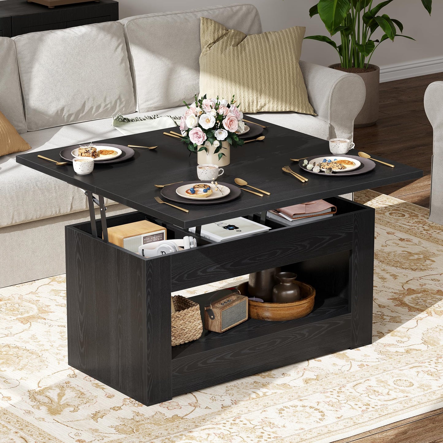 UNIQUITE 40" Lift Top Coffee Table, 4 in 1 Multi-Function Lift Coffee Tables with Storage and Hidden Compartment, Convertible Coffee Table to Dining Table for Living Room, Black