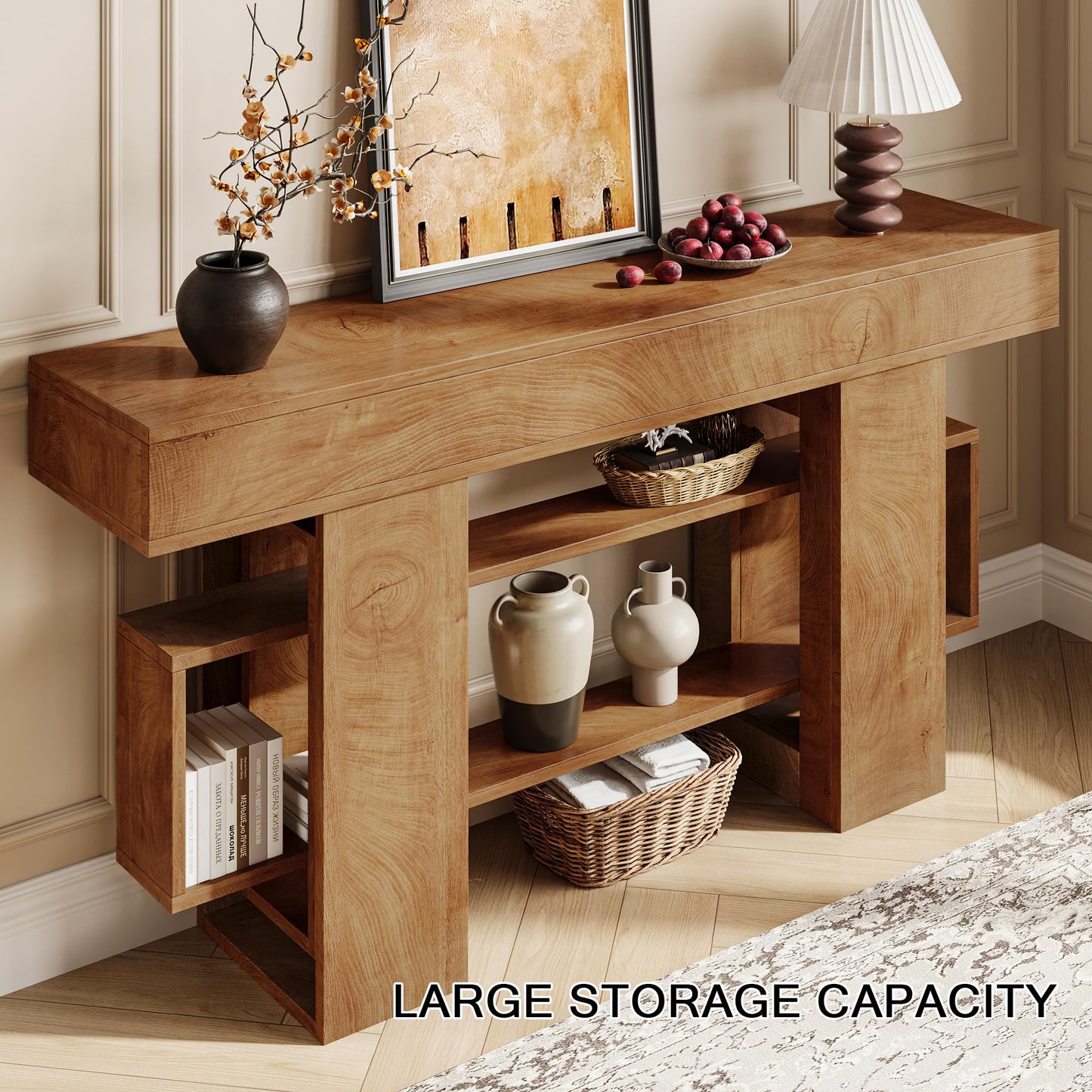 Einhomn 63 Inch Console Table with Storage, Looped Frame 3-Tire Wooden Sofa Table Behind The Couch, Farmhouse Entry Foyer Table for Entryway, Living Room, Hallway, Natural