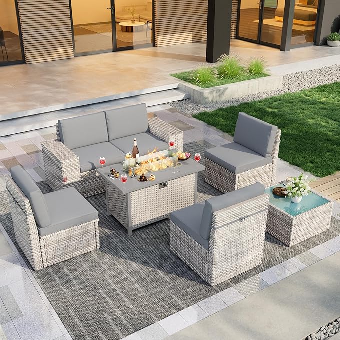 PCSXDSW 7-Piece Outdoor Patio Furniture Set, Rattan Wicker Conversation Set with Wide Armrests, Outdoor Modular Sectional Couch Seating Group Sofa with Fire Pit for Deck Garden Porch (Gray Cushions)