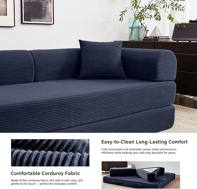 79" 5-in-1 Folding Convertible Sofa Bed, Oversized Corduroy Futon Floor Couch with Pull-Out Sleeper, Modular Boneless Loveseat for Small Spaces, Living Room, Bedroom (Dark Blue)