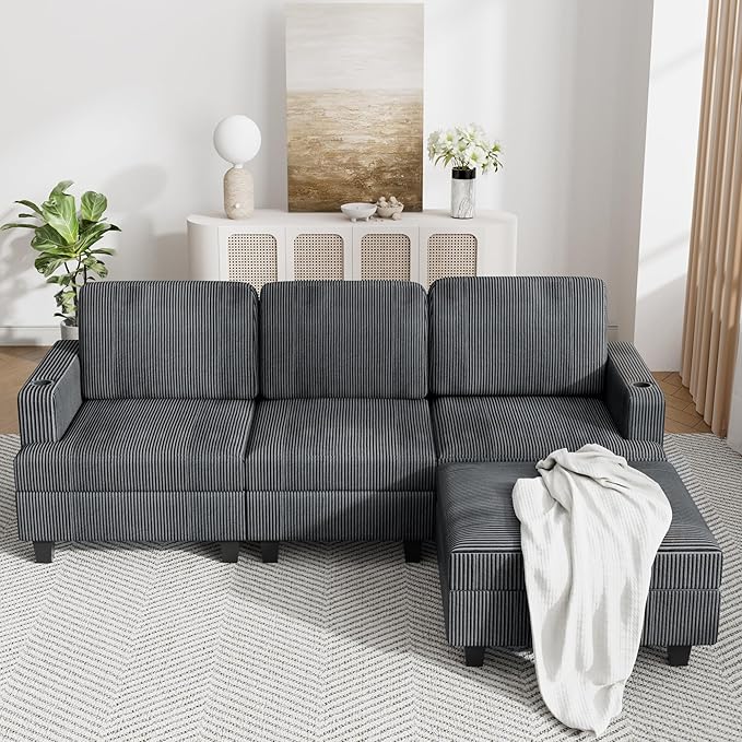 90" L Shaped Modular Sectional Sleeper Sofa, Soft Corduroy Sectional with Armrests, 2 Cup Holders & 2 USB Ports, 21" Deep Seat Cloud Couch for Living Room, Bedroom & Office (Grey, 3 Seat + 1 Ottoman)