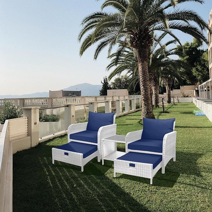 LEVELEVE Balcony Furniture 5 Piece Patio Conversation Set, PE Wicker Rattan Outdoor Lounge Chairs with Soft Cushions 2 Ottoman&Glass Table for Porch