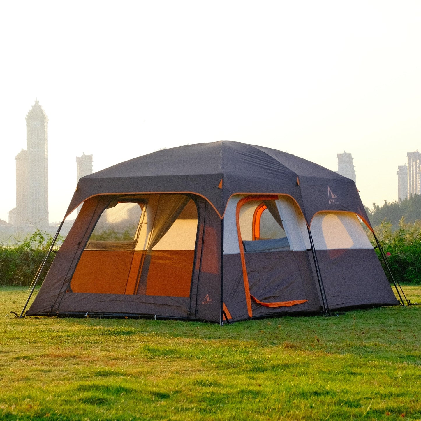 KTT Extra Large Tent 10 Person,Family Cabin Tents,2 Rooms,3 Doors and 3 Windows with Mesh,Straight Wall,Waterproof,Double Layer,Big Tent for Outdoor,Picnic,Camping,Family Gathering(Brown)