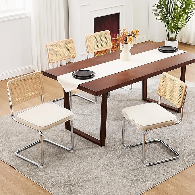 Zesthouse Natural Rattan Dining Chairs Set of 6, Mid Century Cane Dining Room Chairs with Solid Wood Back & Chrome Base for Kitchen, Breuer Design Inspired, Upholstered Linen Fabric, Beige
