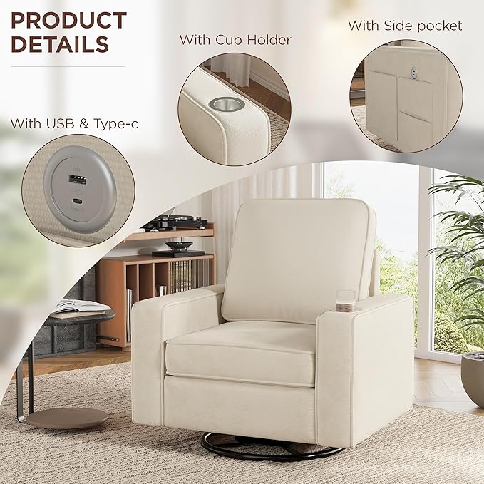 Swivel Square Accent Chair with Wide Armrests,360° Rotating Comfy Single Sofa Chairs with USB/Type-C,Cup Holder & Side Pocket,Modern Armchair for Living Room Bedroom Reading Lounge Nook,Beige White | Swivel Accent Chair, with USB/Type-C, Cup Holder, Si...