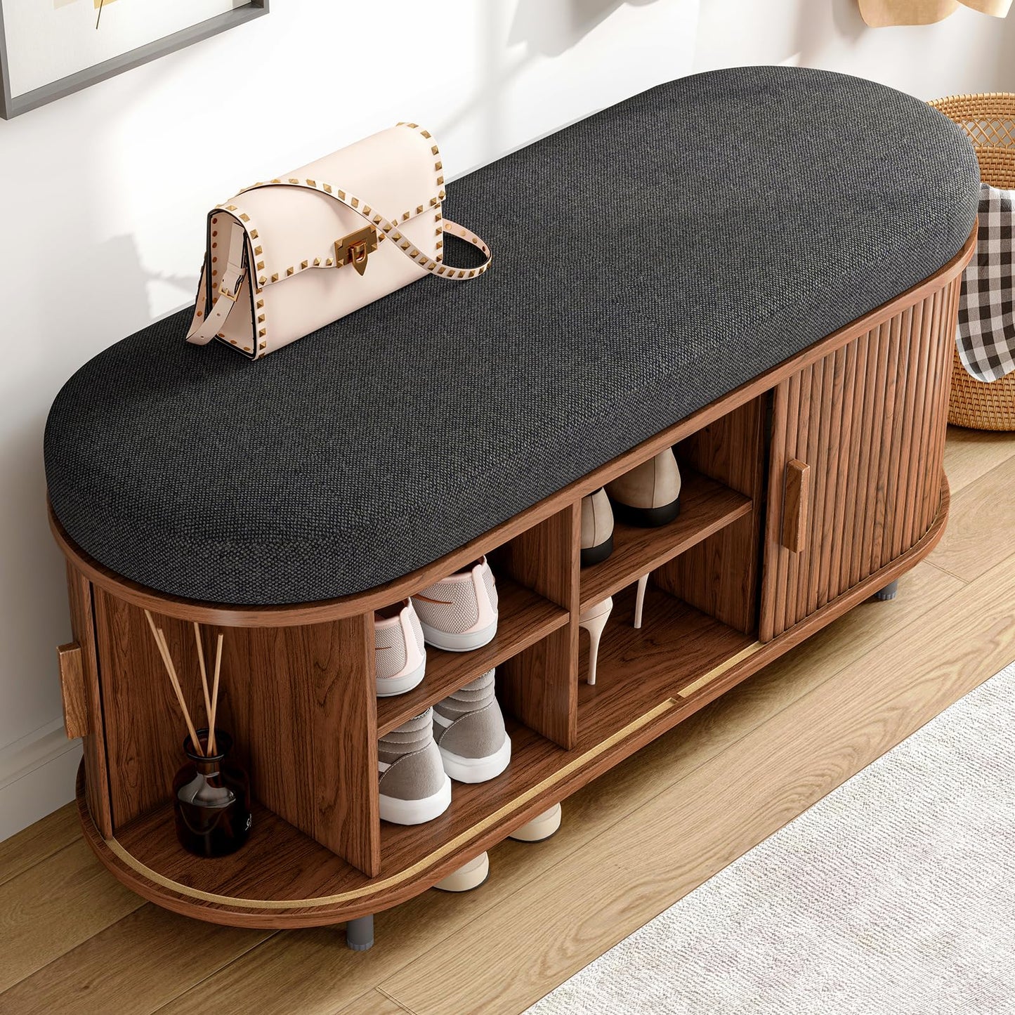 ONBRILL 43" Bench with Shoe Storage, Fluted Entryway Shoe Bench with Storage, with Cushion, Sliding Door and Adjustable Shelf, for Entryway, Hallway, Living Room, Walnut