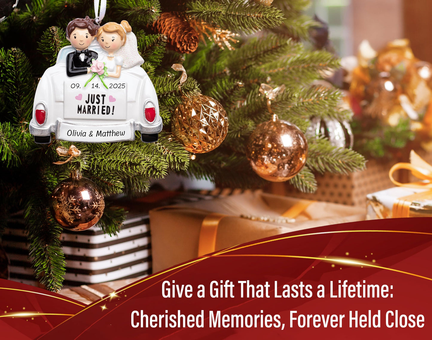 Personalized Just Married Couple in Wedding Car Ornament 2025 | Custom Our 1st Christmas Married Ornament for Xmas Tree | Newlyweds First Year of Marriage Gift