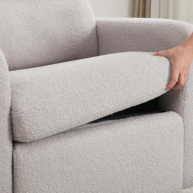 AEMEIOS Swivel Rocker Recliner, Power Recliner Glider with Removable Cushion, Oversized Upholstered Boucle Swivel Reclining Nursery Chairs for Living Room Bedroom, Teddy Grey