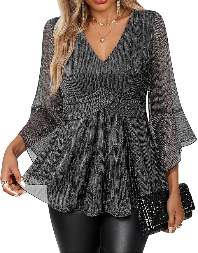 VALOLIA Womens Sparky Tops 3/4 Sleeve Glitter Sequin Shiny Dressy Blouses V Neck Party Evening Cocktail Shirts