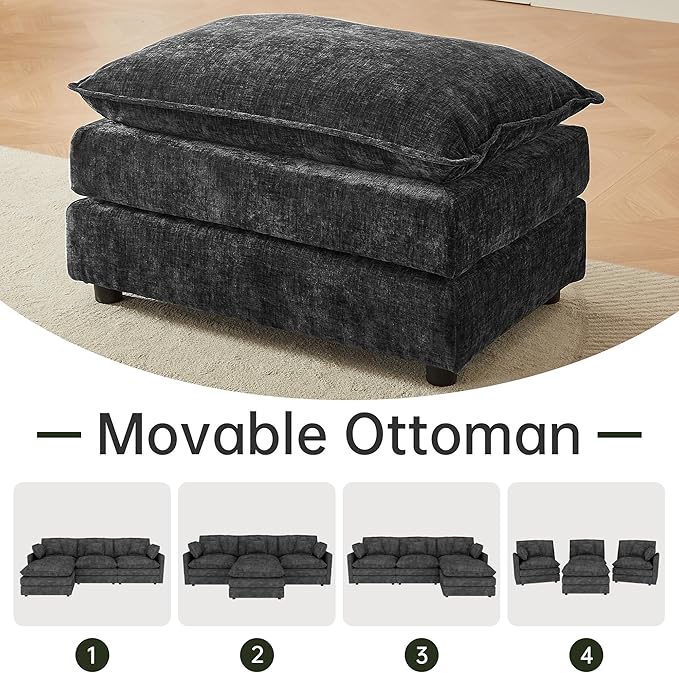 saows Modular Sectional Sofa 112.2 Inch L Shaped Couch Set with Armrests, 3-Seater Comfortable Cloud Couches with Movable Ottoman for Living Room Apartment, Grey