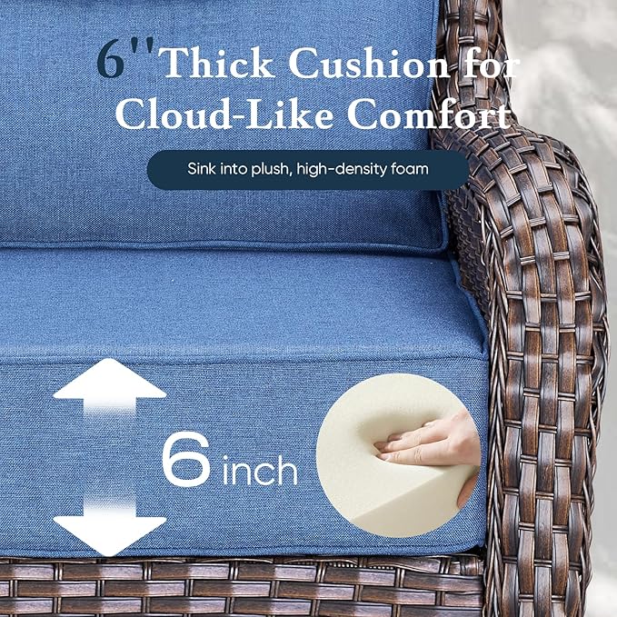 Belord Luxury 6" Thick Cushioned 6 Pieces Patio Furniture Set with Outdoor Couch, Wicker Outdoor Conversation Set with High Back Swivel Rocker Chairs for Deck Porch Yard and Poolside - Brown+Blue