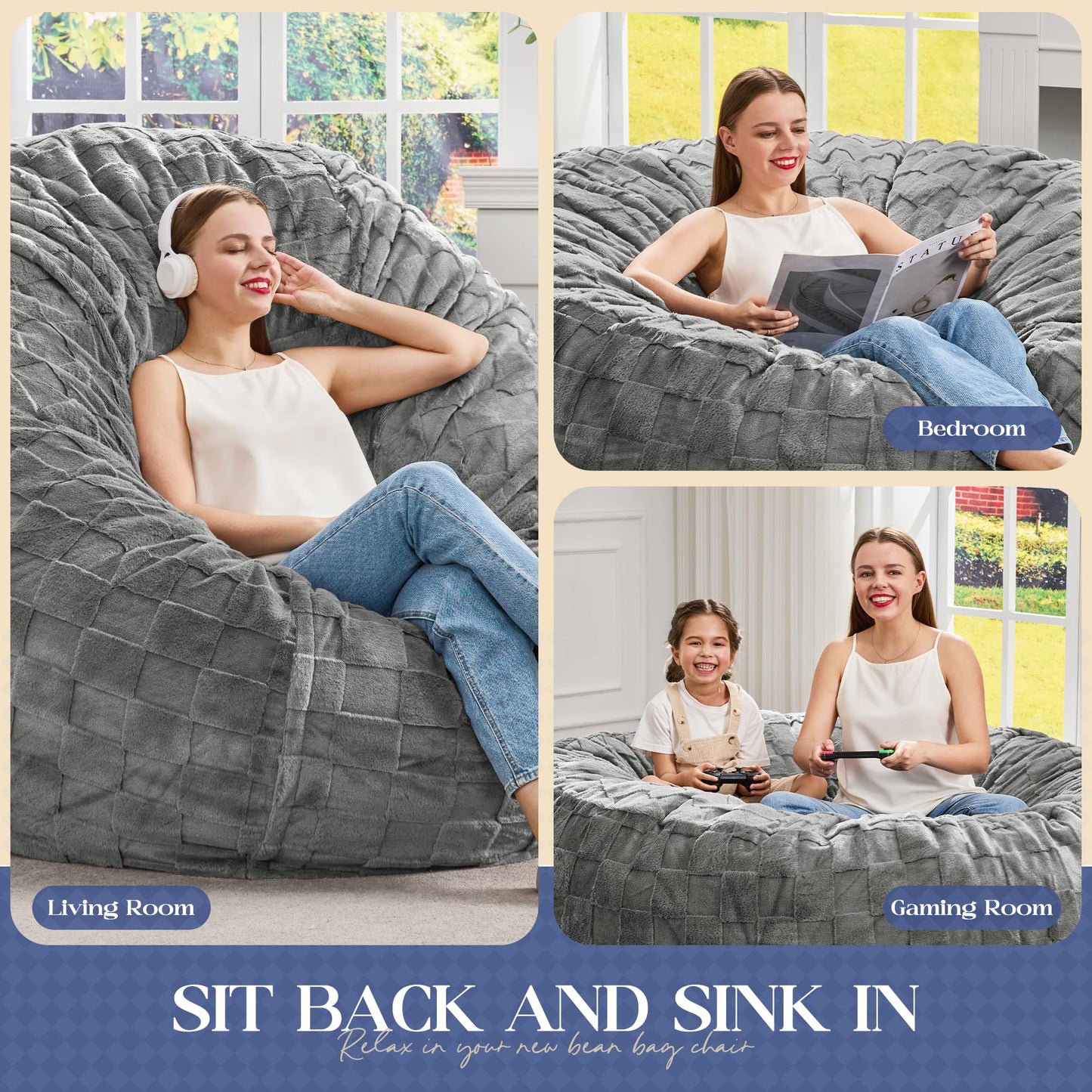 Hobestluk Bean Bag Chairs Beanbag Chair with Filler Adult Bean Bags with Fluffy Plaid Cover, Giant Bean Bag Chairs for Adults for Living Room, Bedroom (Grey, 5FT - 50” x 50” x 24”)