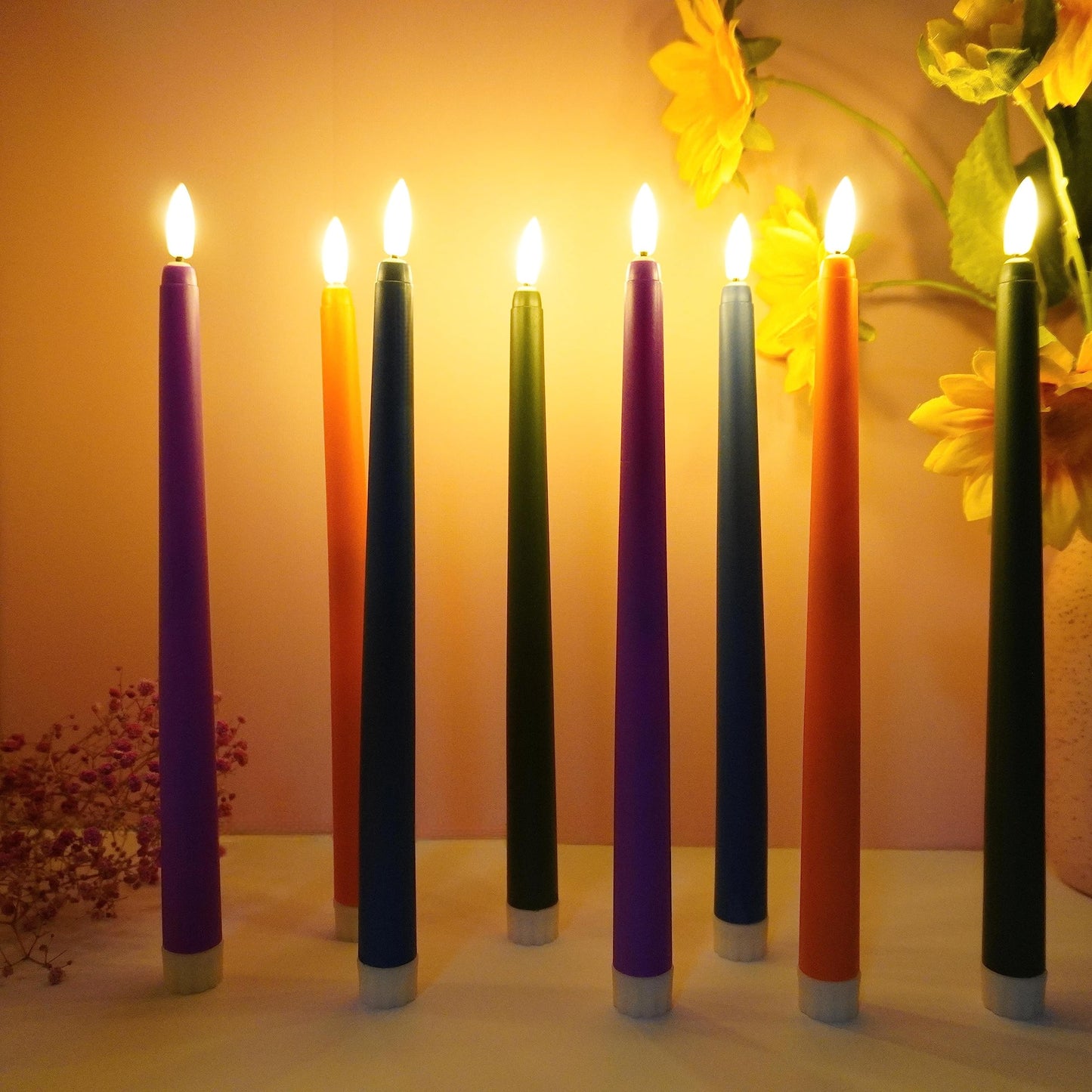 Ni-JASW Purple Flameless Taper Candles with Remote, Flickering Christmas LED Candlesticks Battery Powered Set of 12