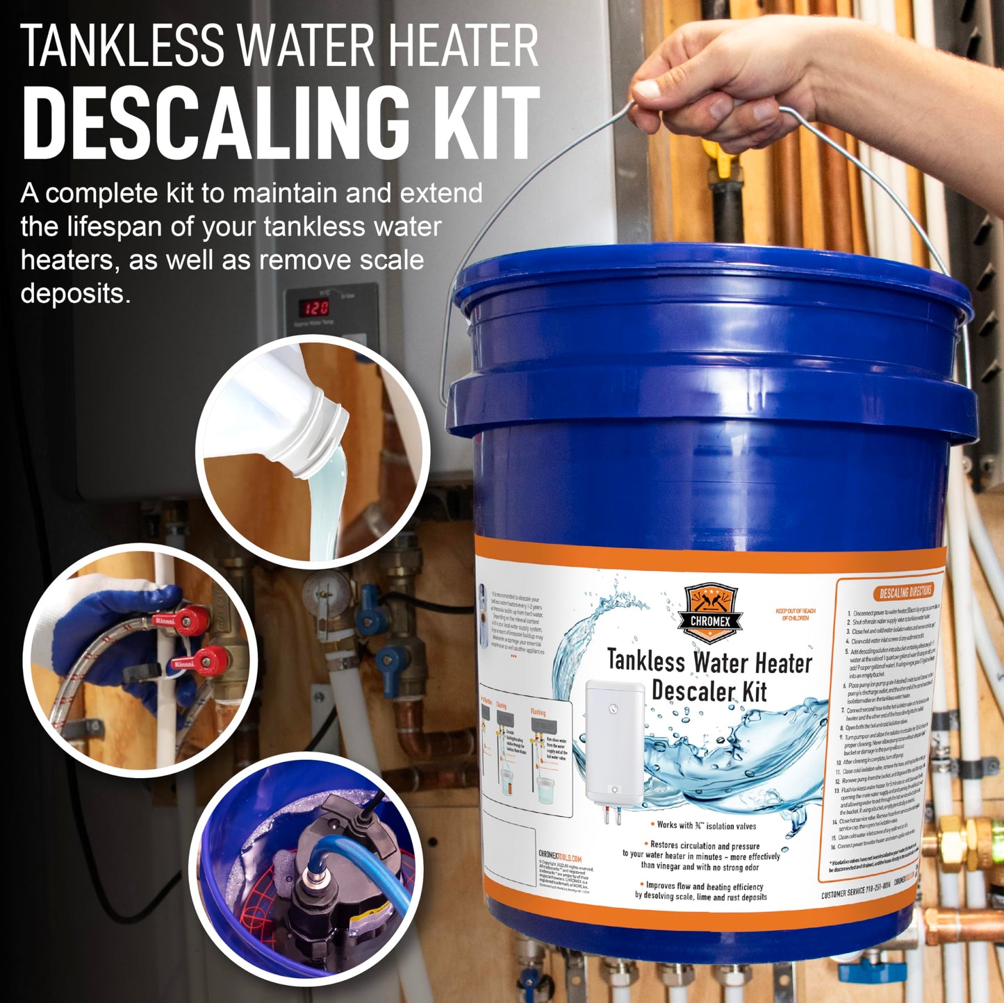 Chromex Tankless Water Heater Flush Kit with NSF Certified Concentrated Vinegar, Dilutes to 4 Gallons and 1/6HP Extra Strength Pump