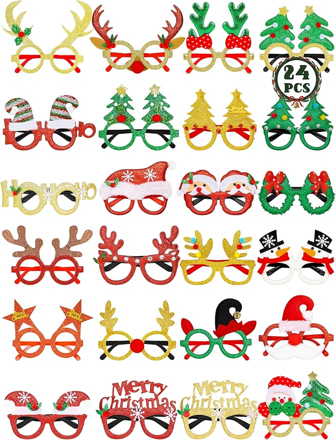HOVACY 24PCS Christmas Glasses, Christmas Party Favors, Santa Glasses Frames for Xmas Decorations Accessories Supplies