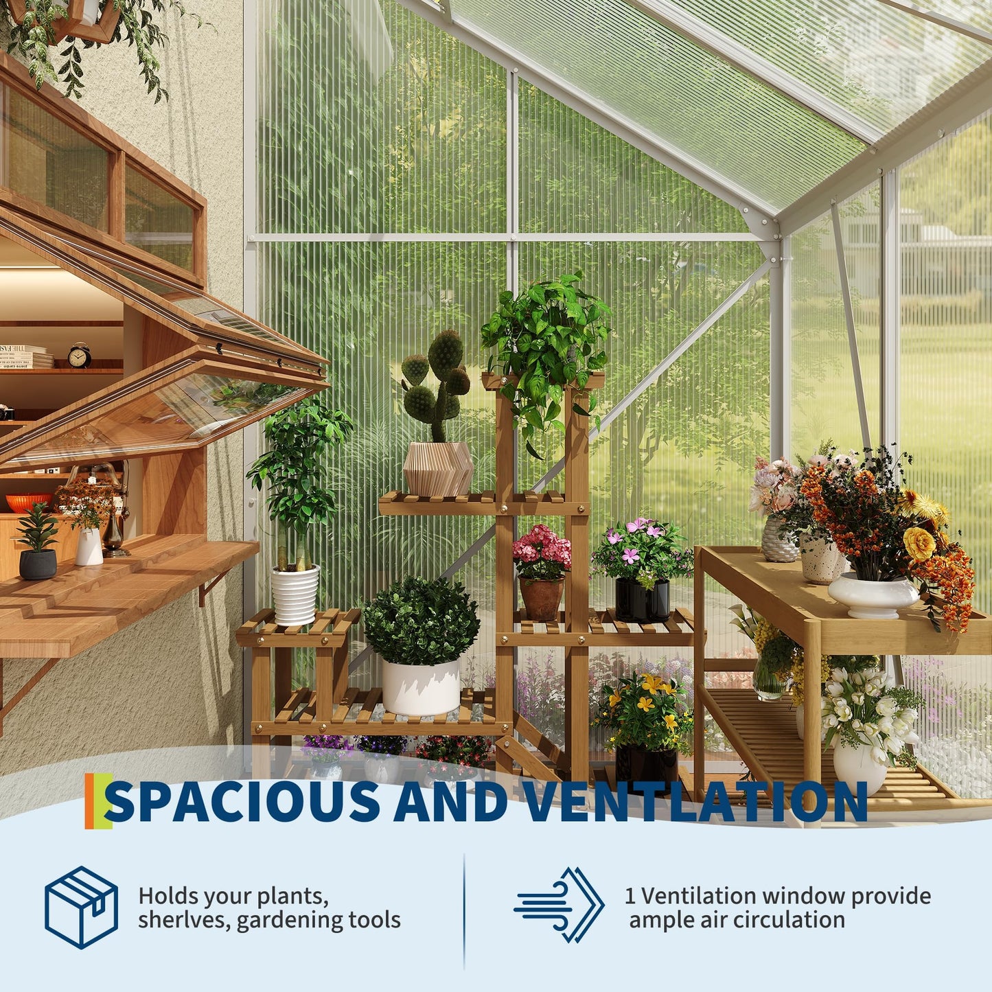 MilleLoom 4x4 Ft Greenhouse, Lean-to Polycarbonate Greenhouse with Quick Setup Structure, Roof Vent&Sliding Door, Aluminum Walk-in Green House for Outside Garden Backyard, Patio, Lawn, Silver