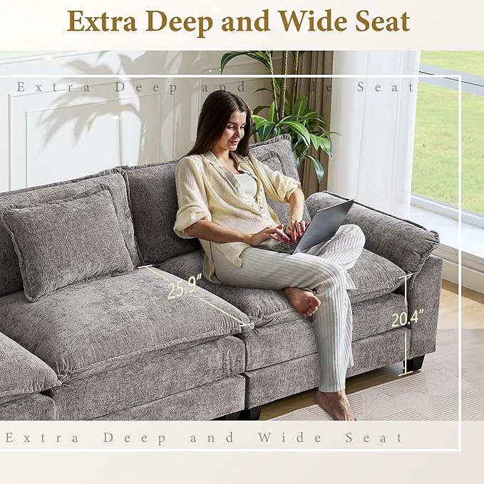 URRED Modular Sectional Sofa Comfy Cloud Couch, Modern Chenille Sofa Sleeper Deep Seat Couches with Ottoman/Pillows for Living Room (Gray, 53'')