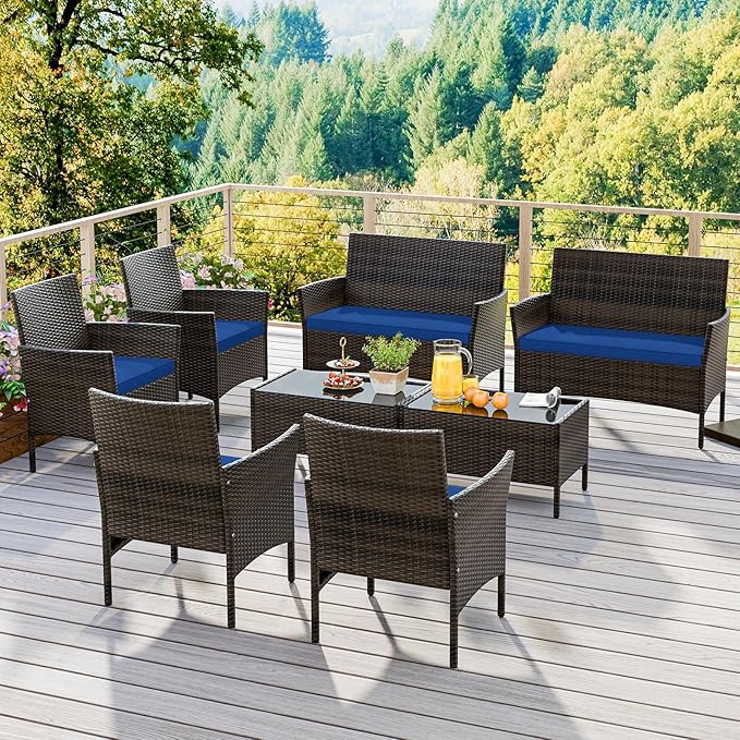 KOTEK 8 Piece Patio Furniture Set, Outdoor Rattan Conversation Set with Loveseat, Wicker Chairs, Tempered Glass Coffee Table, Wicker Patio Set for Backyard, Porch (Navy)