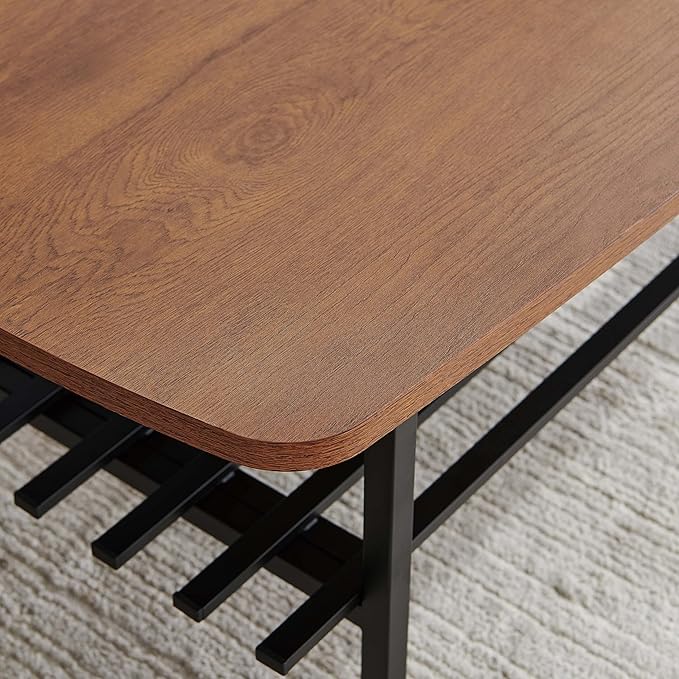 Pine Flicker Wood Folding Coffee Table, Mid-Century Modern Design, 2-Tier, L41*W19*H15 inch, for Living Room, Walnut Finish Wood Top and Black Metal Frame