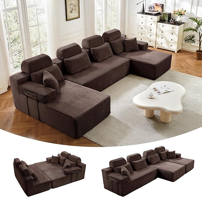 141" U-Shaped Cloud Modular Sectional Sofa with Chaise & Headrest, Boneless Deep Seat Plush Corduroy Couches for Large Living Room, No Assembly Required (Brown, 141" U-shapred Chaise)