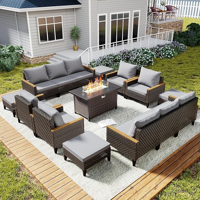 Xmkmvk 15 Piece Patio Sectional Sofa Set with 50000 BTU Fire Pit Table, All-Weather Wicker Rattan Outdoor Conversation Set, High Back, for Garden, Porch, Poolside, Gray
