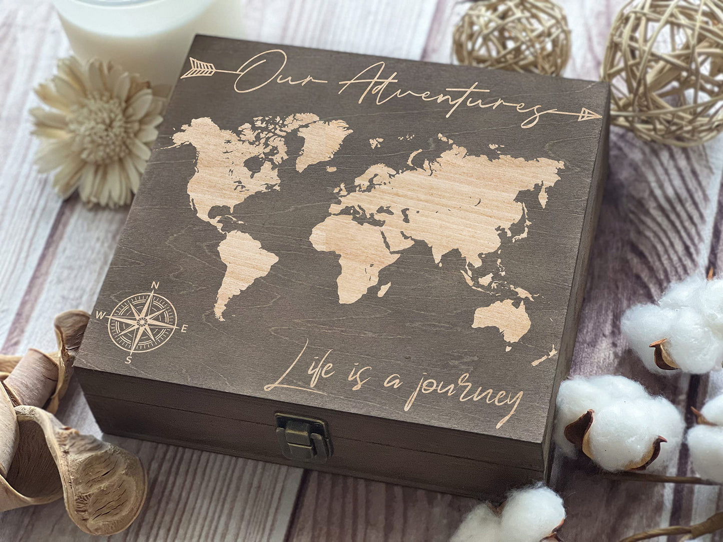 Our Adventures Box, 8.5 in x 8 in x 2.5 in, Wooden Box, Keepsake Box, Memory Box, Gift box, 5th Anniversary Gift, Unique Gift Ideas, Travel, Wooden Anniversary Gift (Dark Walnut Our Adventure)