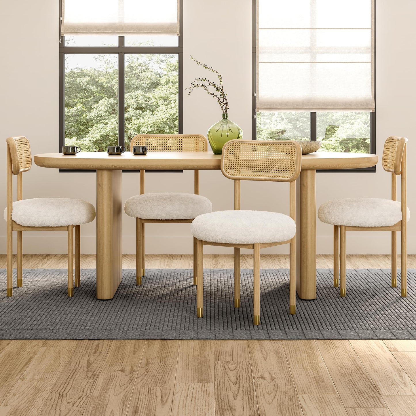 HoeuThien Upholstered Rattan Dining Chairs Set of 4, Mid Century Modern Kitchen Chairs with Curved Back and Solid Wood Legs Armless Accent Chair for Living Room Bedroom, Natural Oak/White Boucle