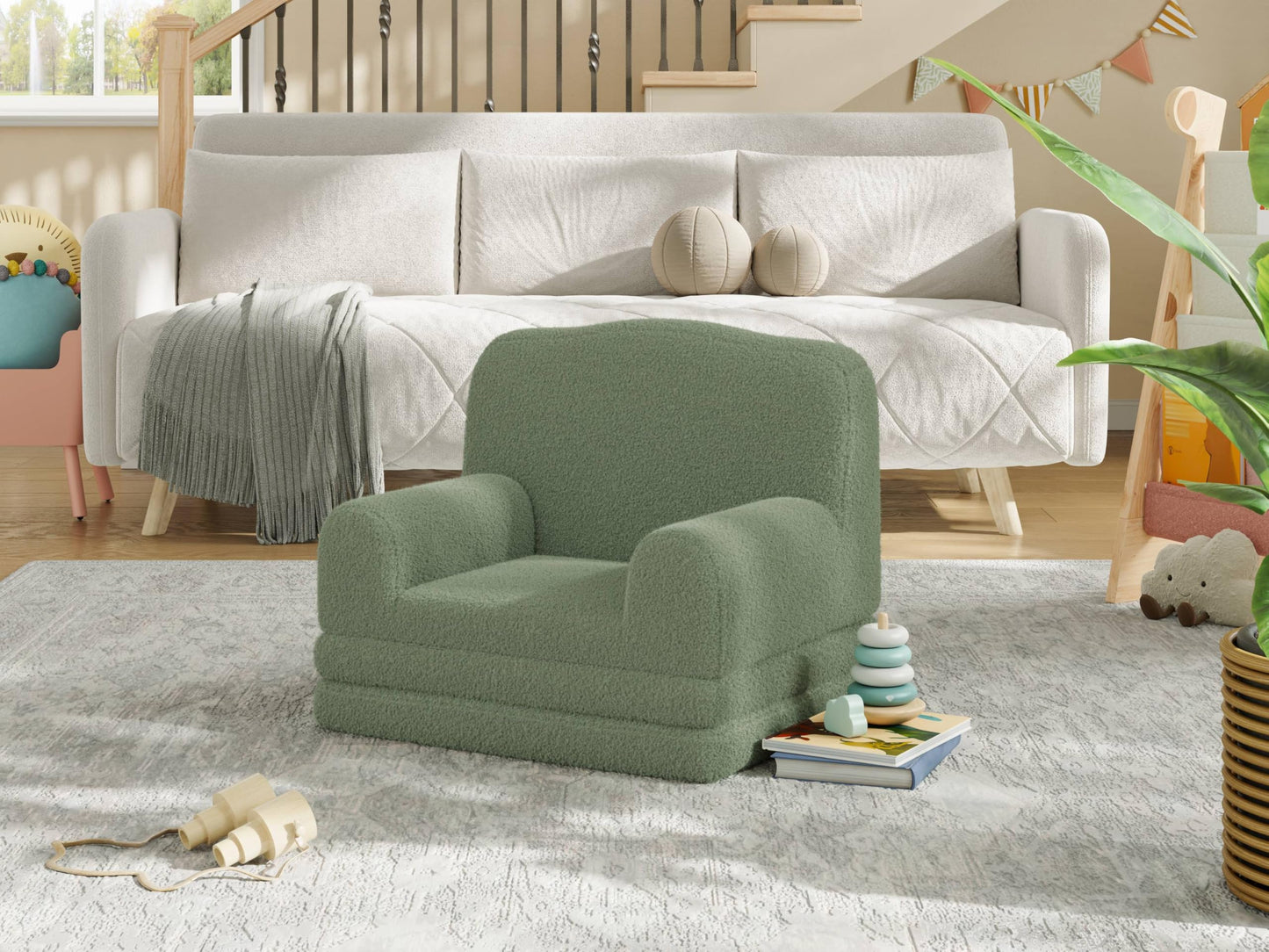 GarveeHome Kids Couch, 2-in-1 Comfy Toddler Couch Fold Out, Convertible Sofa to Lounger Foam Kids Chair with Soft Sherpa, Gift for Girls and Boys (Green-Crown, Large)