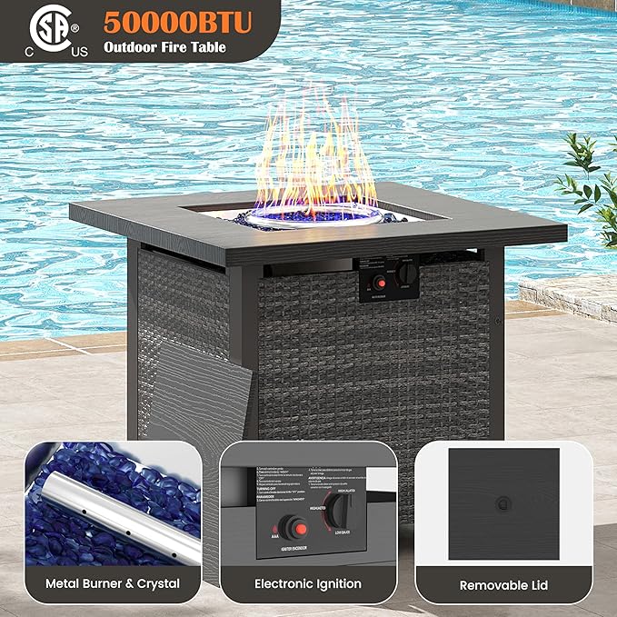 PATIOCHIC 6 Pieces Rattan Outdoor Furniture Set, All-Weather Patio Conversation Set with Warm Grey Cushions, Coffee Table and 28" Fire Pit Table for Garden, Backyard, Balcony, Poolside