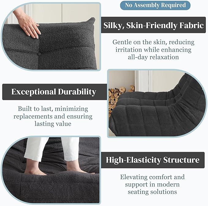 Bean Bag Chair, Loveseat Fireside Chair Bean Bag Sofa for Adults, 2 Seater Bean Bag Chairs for Teens with High-Resilience Foam, Memory Foam Bean Bag for Living Room, Bedroom, Office (Teddy, Dark Gray)
