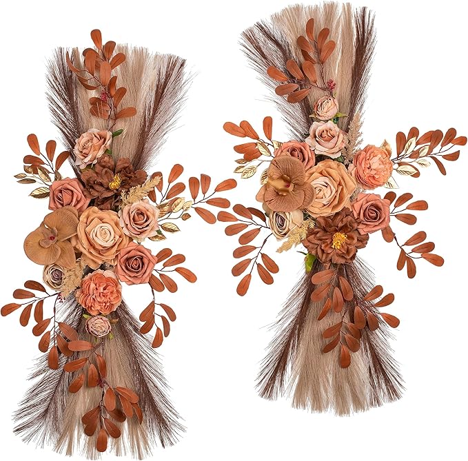 Wedding Arch Flowers, Artificial Floral Decor for Wedding Ceremony & Reception, Standard Size Large Flower Swag Set for Backdrop & Welcome Sign, Pack of 2 (Coffee Pampas)