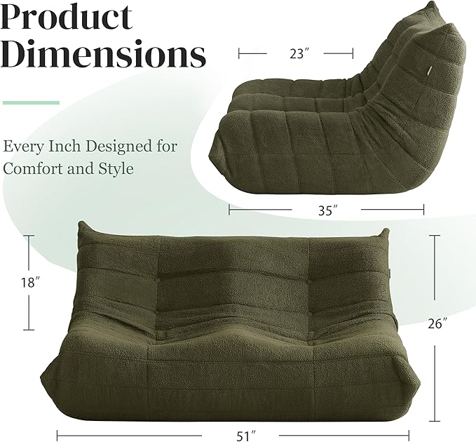 Bean Bag Chair, Loveseat Fireside Chair Bean Bag Sofa for Adults, 2 Seater Bean Bag Chairs for Teens with High-Resilience Foam, Memory Foam Bean Bag for Living Room, Bedroom, Office(Teddy, Dark Green)