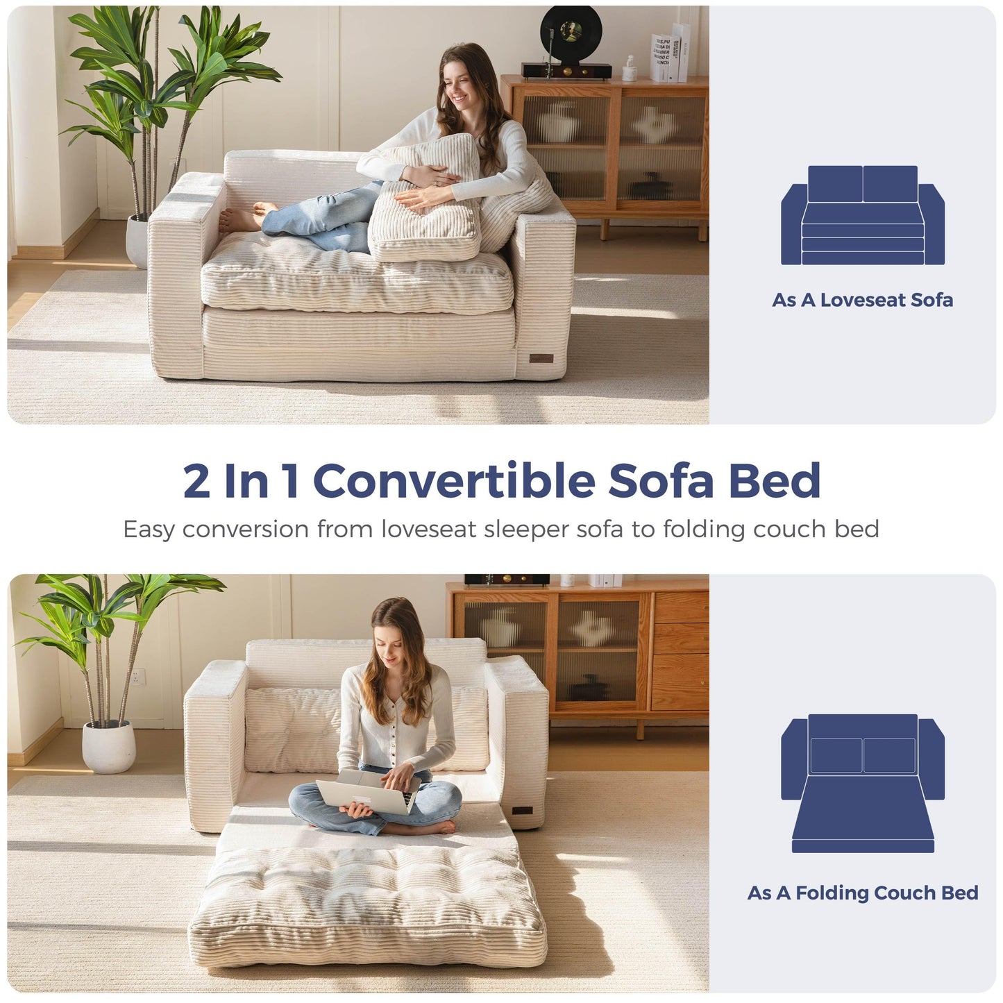 MAXYOYO Convertible Sofa Bed, Pull Out Loveseat Sleeper Sofa, 2 in 1 Folding Couch Bed, Fold Out Floor Couch with Pillows for Living Room Bedroom Lounge, Beige