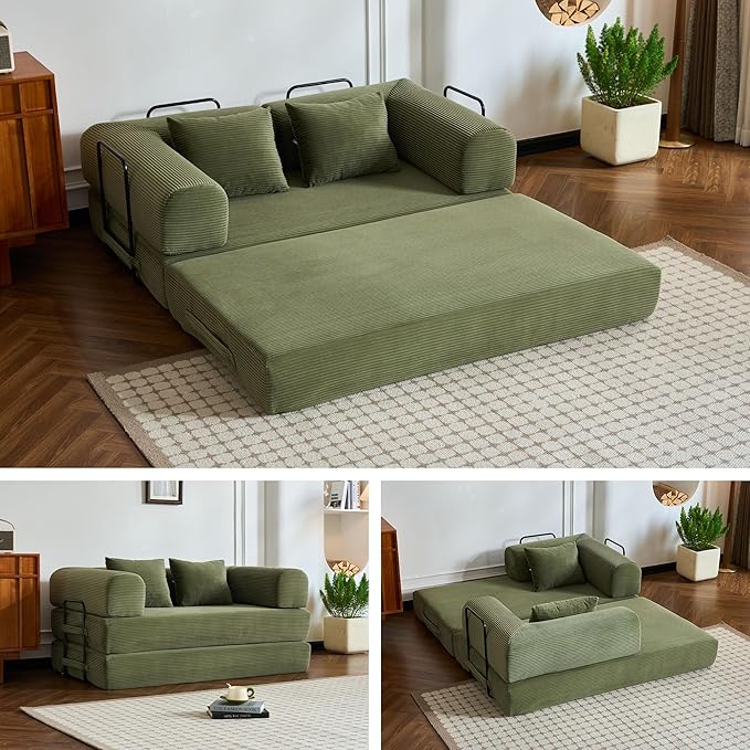59" Folding Convertible Sofa Bed, Small 2-Seater Sofa Corduroy Futon Floor Couch with Pull-Out Sleeper, Boneless Loveseat for Small Spaces, Home Office, Apartment-Friendly (Light Green)