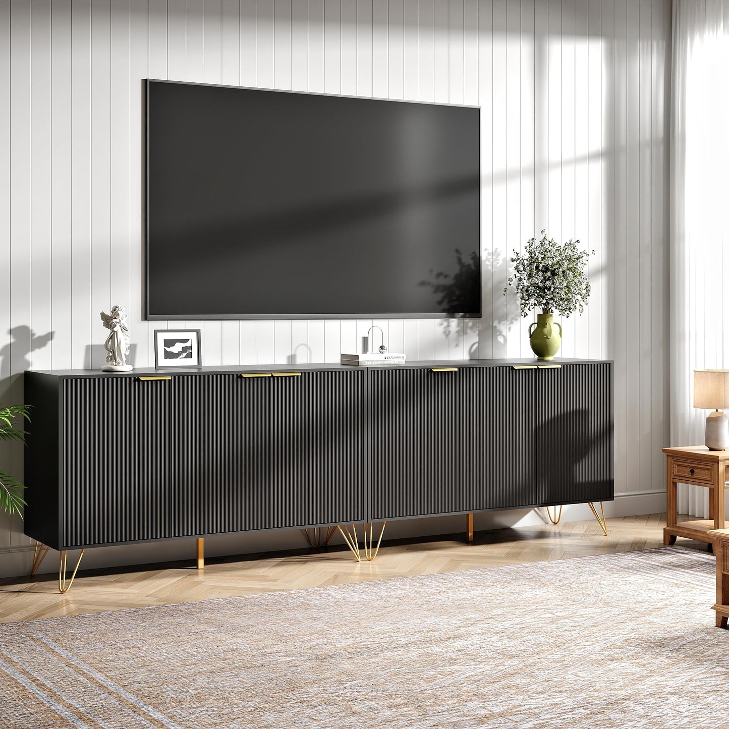 NOVAMAISON Fluted TV Stand for 100 Inch TV, Modern TV Stand Console, Black Entertainment Center with Storage Cabinets, Adjustable Shelves & Gold Handles, Wood Media Cabinet for Living Room