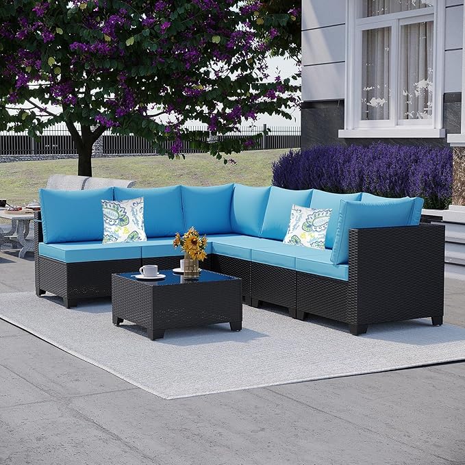 Ophelian 7 Pieces Outdoor Conversation Sectional Rattan Sofa, Patio Furniture Set, with Wicker and Cushions for Garden and Backyard, (Coffee/Peacock Blue)