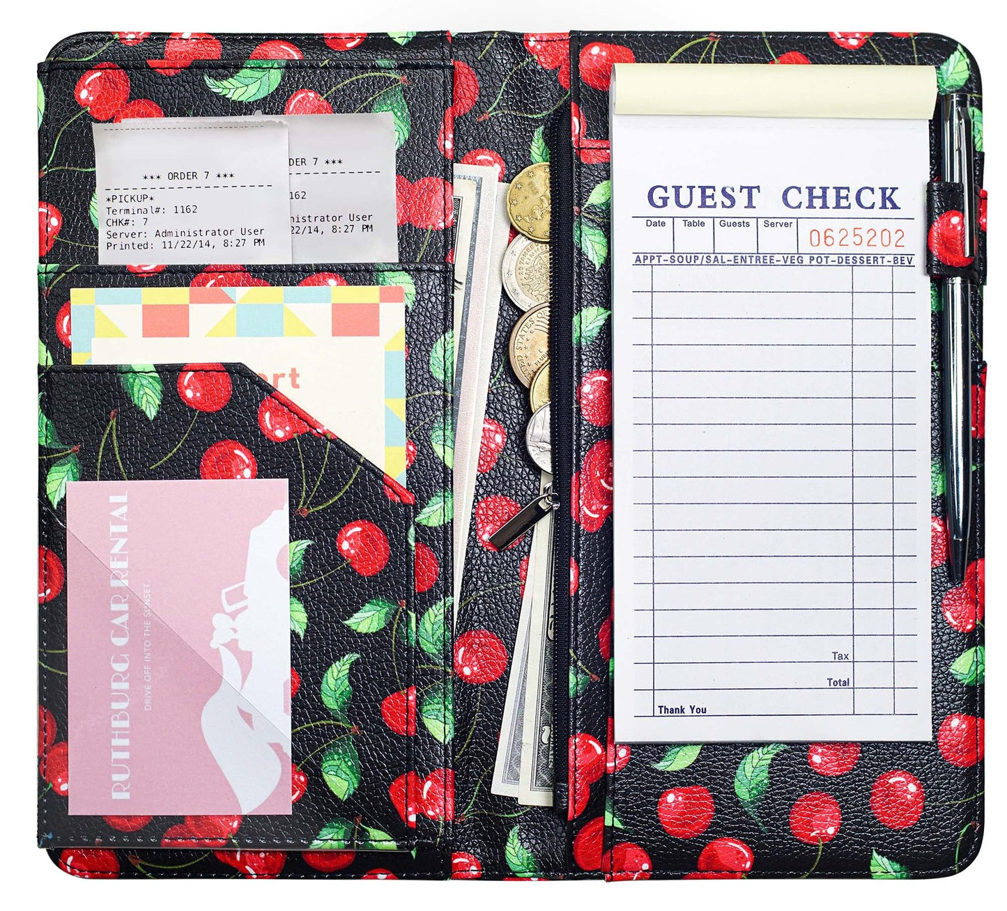 Mymazn 4.7 X 9 Cherry Server Book with Zipper Pocket Bling Waitress Book with Money Pocket and Magnetic Closure, Restaurant Waitstaff Organizer Fit Server Apron with High Volume Pocket