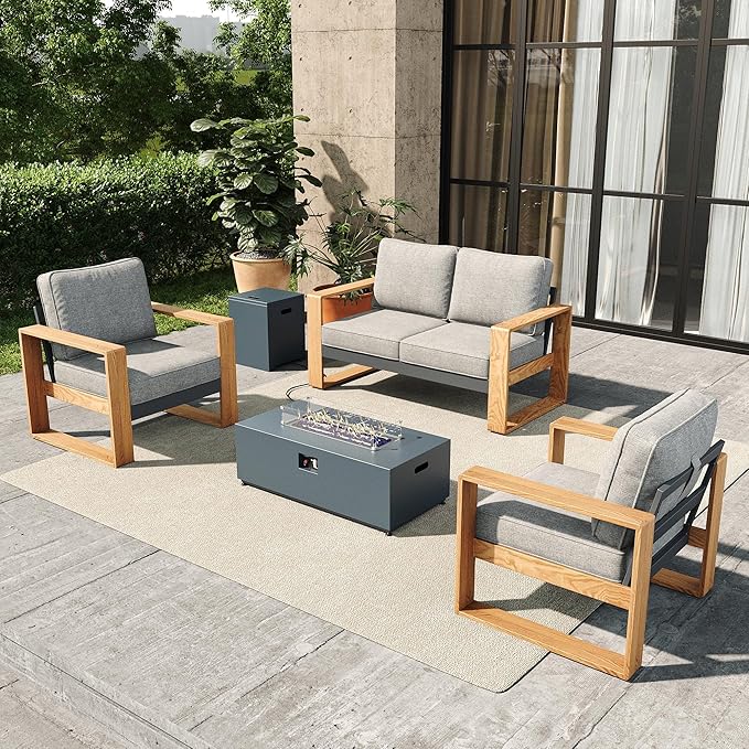 4 Pieces Aluminum Patio Furniture Set, Outdoor Conversation Sets with High Backrest Sofa and Fire Pit Table for Garden and Backyard