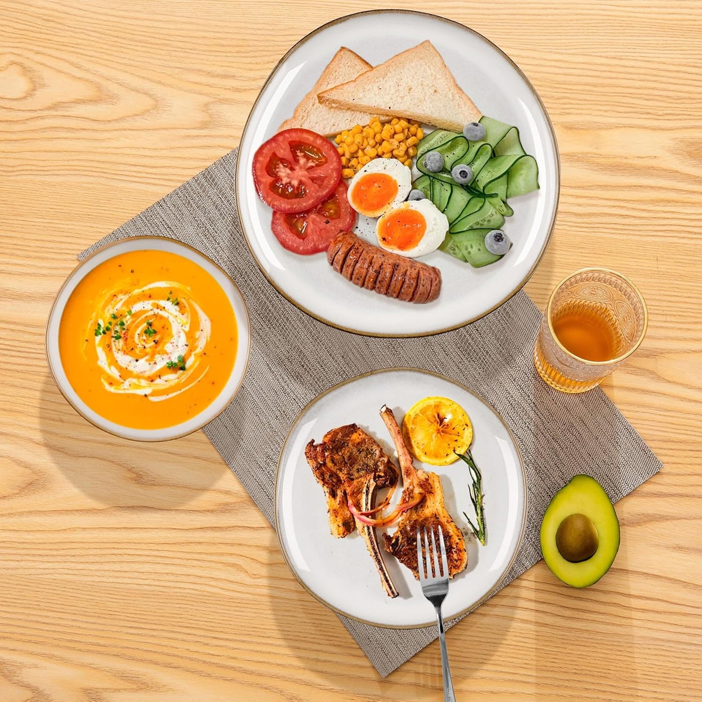 Herogo Stoneware Dinnerware Sets, 12 Piece Dinner Dishes Set for 4, Ceramic Plates and Bowls Dishware, Tableware Includes Dinner Salad Plates, Soup Bowls, Microwave & Dishwasher Safe, Pearl White