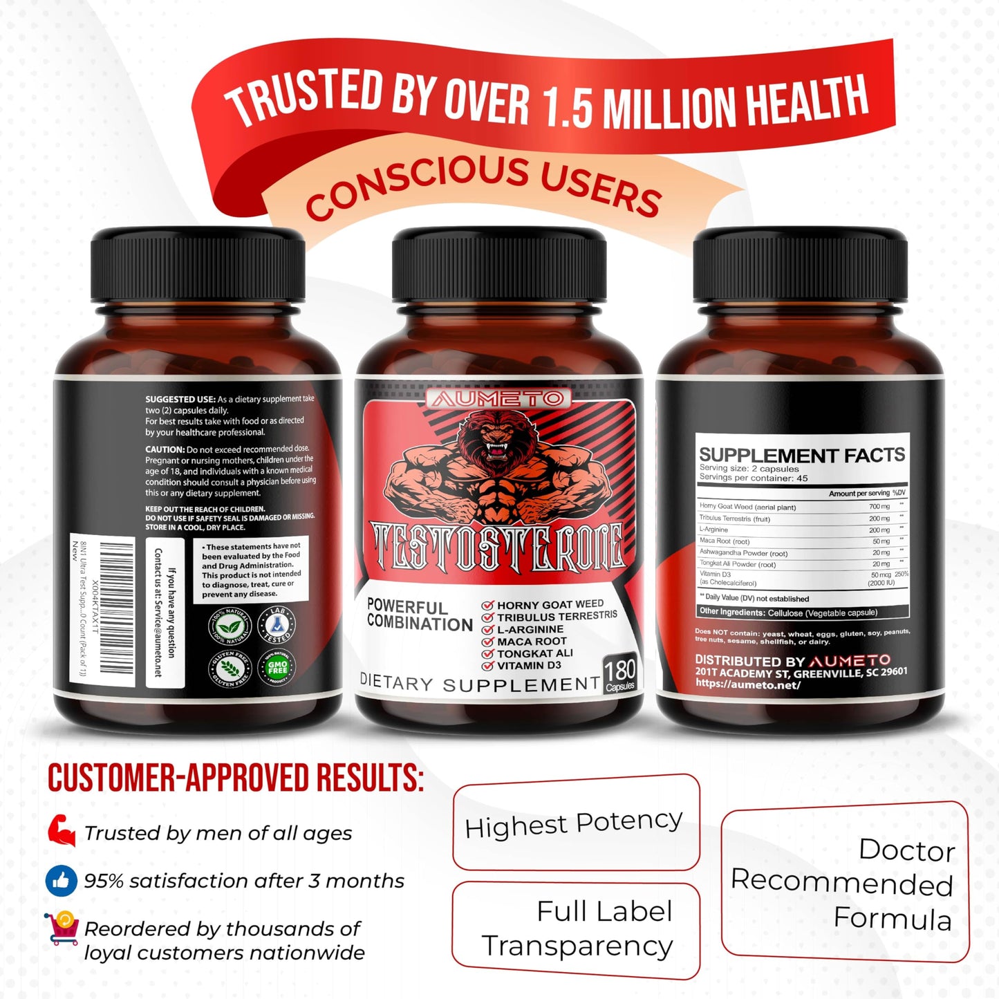 Aumeto Vitality & Wellness Support for Men with Tribulus, Tongkat Ali, Maca Root, L-Arginine & Vitamin D3 – 90 Capsules