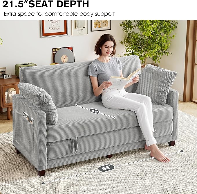 kakuboohi 65" Loveseat Sleeper Sofa Bed, Corduroy Convertible Sofa Bed for Small Spaces, Folding Couch Bed with Deep Seat, 2 Pillows & Solid Frame, Pull Out Floor Couches for Living Room, Grey