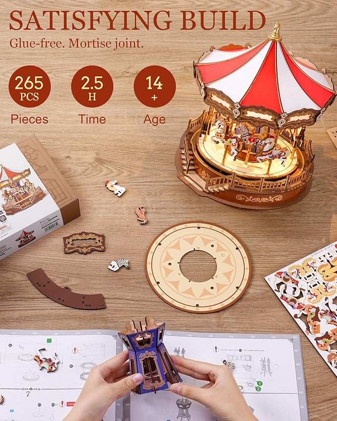 Rolife Wooden 3D Puzzles for Adults, DIY Carousel Music Box with Chaser Lights 11.6" Model Building Kit, Construction Project Craft Kits for Adults Hobby Home Decor Chiristmas Gifts for Boys Girls