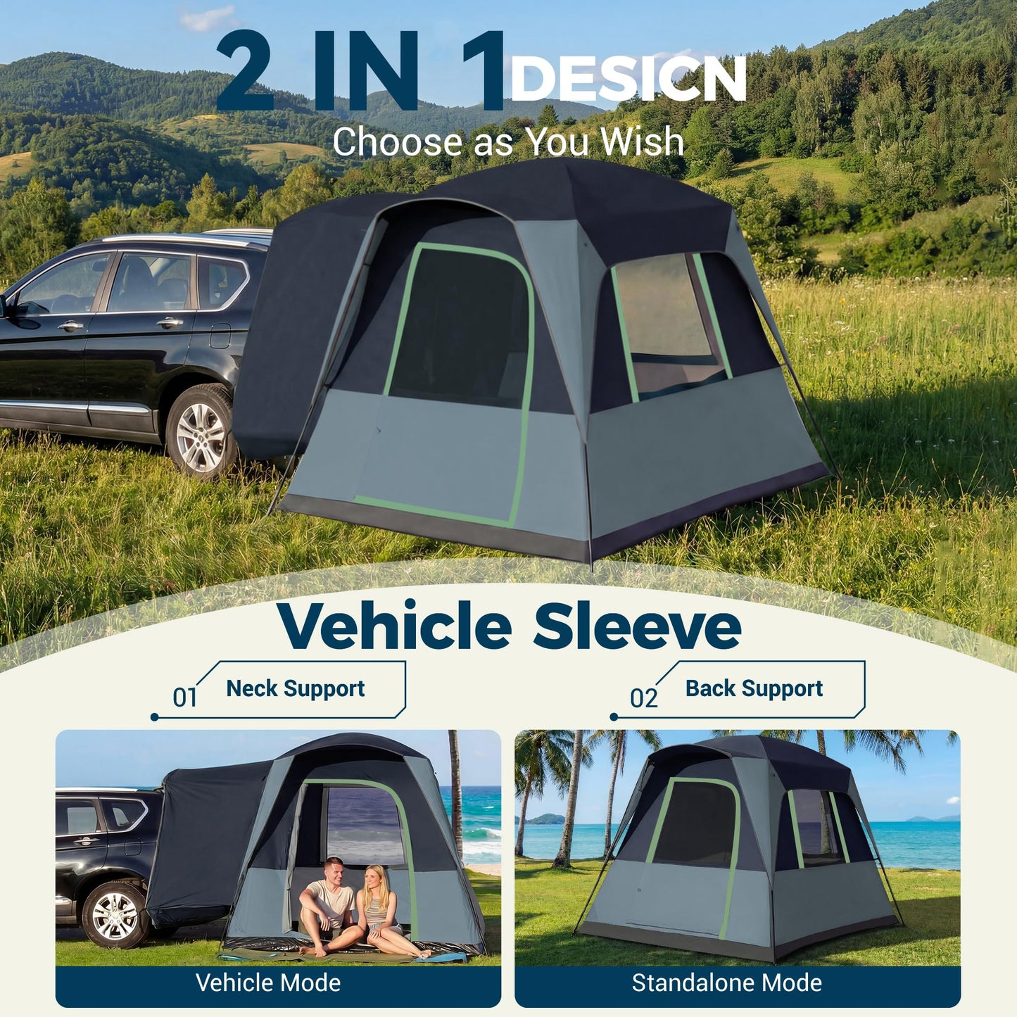 5/6 Person SUV Tent for Camping, SUV Tailgate Tent,Truck Car Tent Weather Resistant Portable for Car SUV Van Camping, Includes Rainfly and Storage Bag, 10' W X 8' L X 7.1' H (Blue)