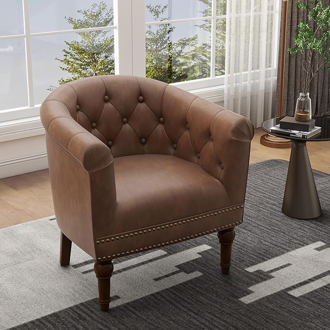 UIXE PU Leather Barrel Club Chairs Set of 4, Modern Arm Accnet Chair Comfy Upholstered Armchair, Nailhead Trim Living Room Single Sofa Reading Seat Bedroom Side Sitting for Office, Brown