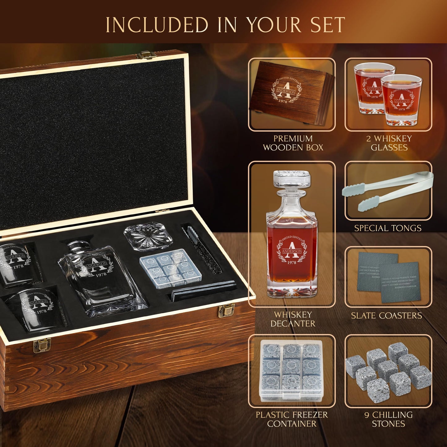 Personalized Whiskey Decanter and Stones Set - Customized Gift for Him - Men, Dad, Father - Engraved Classic Decanter, Glasses, 9 Granite Stones in Container, Coasters, Tongs in Wooden Gift Box