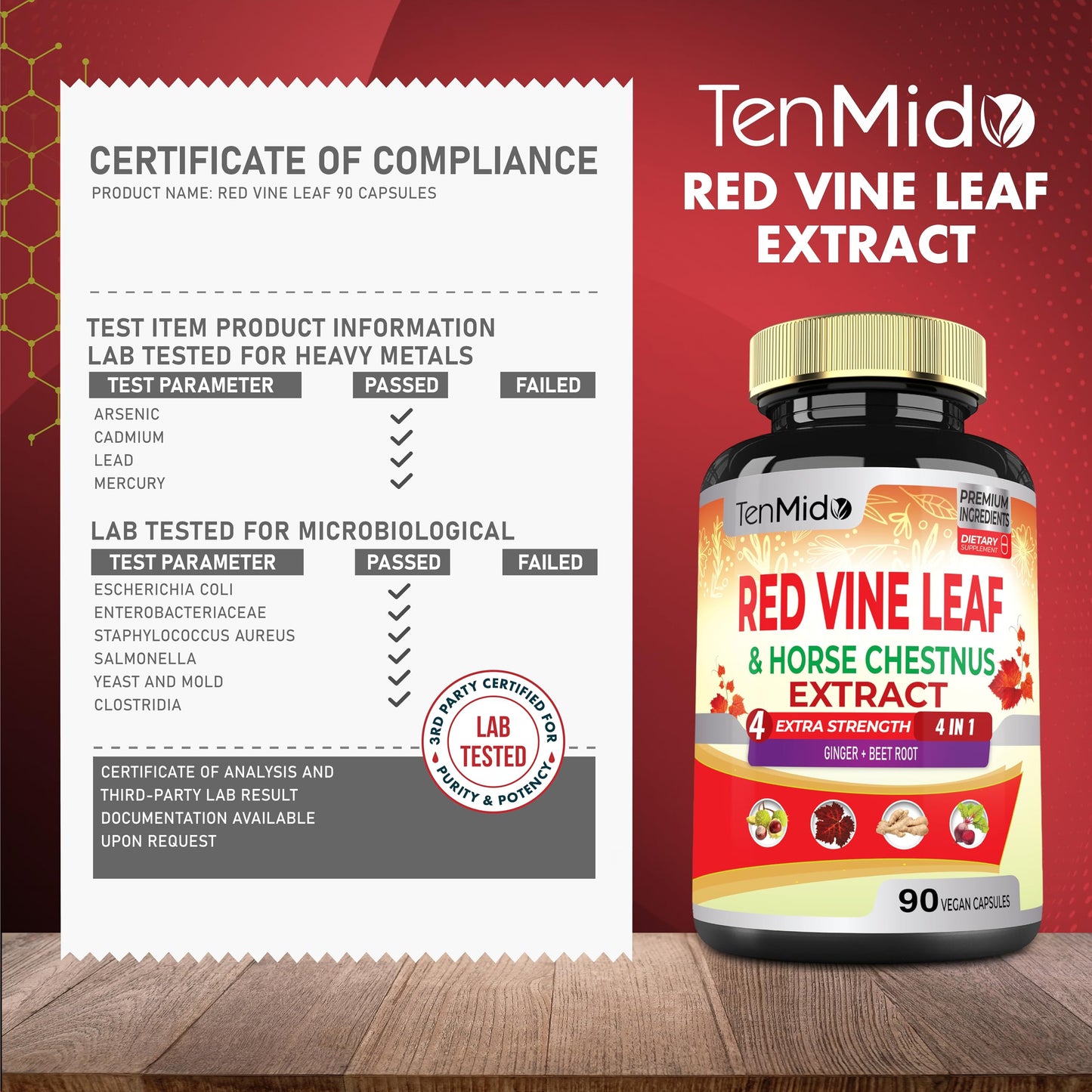 Tenmido Red Vine Leaf Extract Capsules - with Horse Chestnut, Beet Root, Ginger - Herbal Supplement for Heart, Leg Vein & Energy - 90 Vegan Capsules for 45 Days