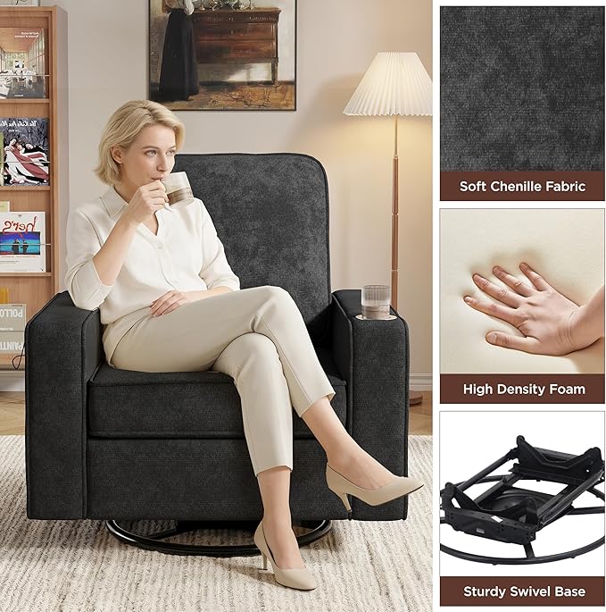 Swivel Square Accent Chair with Wide Armrests,360° Rotating Comfy Single Sofa Chairs with USB/Type-C,Cup Holder & Side Pocket,Modern Armchair for Living Room Bedroom Reading Lounge Nook,Dark Grey | Swivel Accent Chair, with USB/Type-C, Cup Holder, Side...